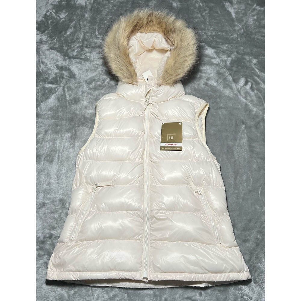 Gap Vest Women Size Medium Down Puffer Off White CreamFaux Fur Trim Y2K NEW